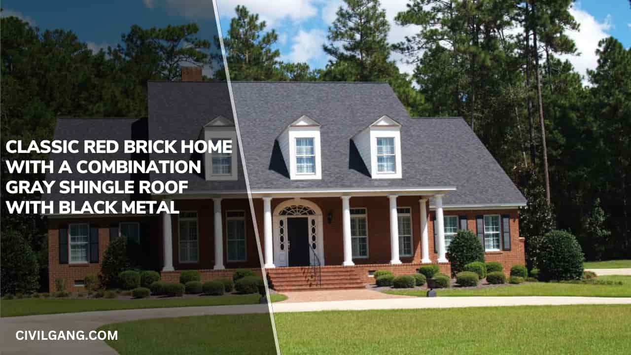 Classic Red Brick Home with a Combination Gray Shingle Roof with Black Metal